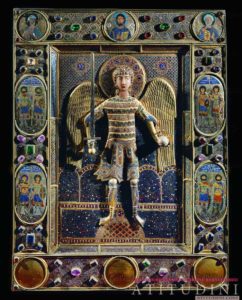 Archangel Michael with sword. Gold & enamel work with precious and semi-precious stones